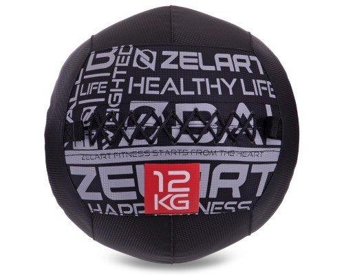 Мяч набивной медицинский для кроссфита WALL BALL Zelart FI-2637-12 12кг(MD1293-12) (PVC, PP, резина, d-35см, черный)