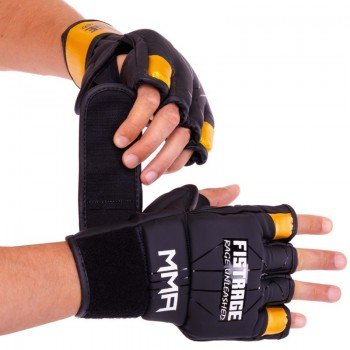 Перчатки для смешанных единоборств MMA кожаные FISTRAGE VL-6030 (р-р S-XL, черный-золотой)