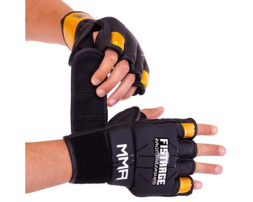 Перчатки для смешанных единоборств MMA кожаные FISTRAGE VL-6030 (р-р S-XL, черный-золотой)