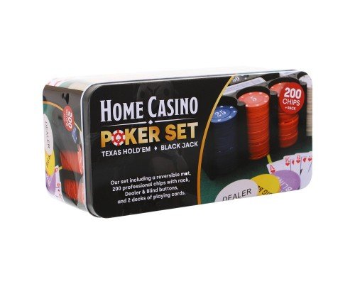 Набор для покера в металлической коробке Home casino Poker set SP-Sport IG-8653 200 фишек (200 фишек, с номиналом, 2 кол.карт,полотно, р-р 24х11,5х10с