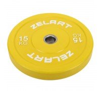 Бамперные диски резиновые Bumper Plates внутренний ø50.6±0.2мм Zelart TA-7797-15 15кг (сталь, резина, внешний ø-45см, желтый)