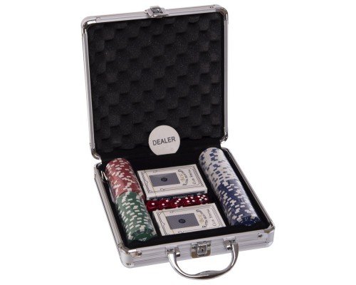 Набор для покера в алюминиевом кейсе Poker game set SP-Sport IG-2470 100 фишек (100 фишек, с номиналом, 2 кол.карт, 5 куб)