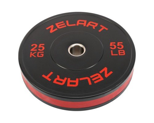 Бамперные диски резиновые Bumper Plates внутренний ø51мм Zelart TA-4790-25 25кг (сталь, резина, SBR, внешний ø-45см, черный-красный)