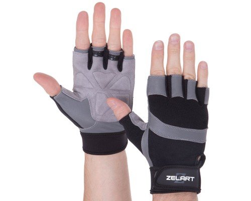 Перчатки для фитнеса и тренировок ZELART SB-161594 (PVC, PL, открытые пальцы, р-р S-XXL, черный-серый)