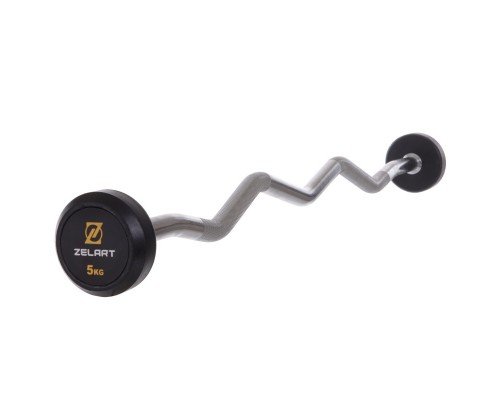 Штанга неразборная с фиксированным весом изогнутая обрезиненная Rubber Coated Barbell Zelart TA-2687-5 5кг (MD3009A-5) (гриф l-95см)