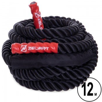 Канат для кроссфита Combat Battle Rope Zelart FI-2597-12 (MD1343-12) 12 метров (PE, l-12м,d-3,8см,вес-7,5кг, черный)