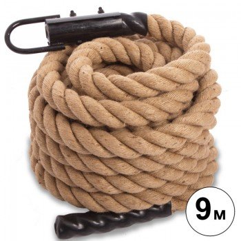 Канат для лазанья из сизаля с креплением Combat Battle Rope Zelart FI-0910-9 9 метров (сизаль, ручки:винил, l-9м,d-5см, коричневый)