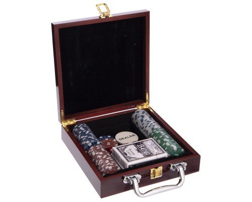Набор для покера в деревянном кейсе Poker game set SP-Sport IG-6641 100 фишек (100 фишек, с номиналом, 2 кол.карт,5куб)