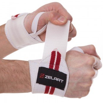 Бинты кистевые для жима STRENGTH WRIST WRAPS 2штуки Zelart SB-167071 (PL, эластан, р-р регулируемый, белый-красный)