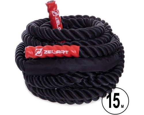 Канат для кроссфита Combat Battle Rope Zelart FI-2597-15 (MD1343-15) 15 метров (PE, l-15м,d-3,8см,вес-9кг, черный)