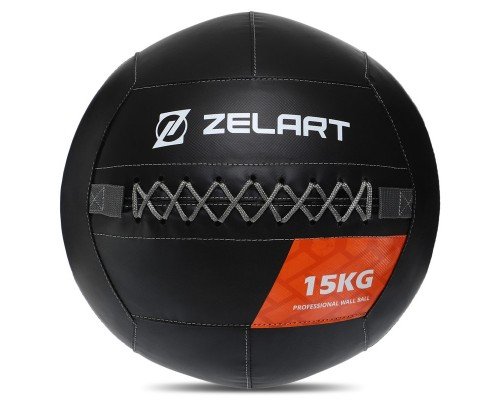 Мяч набивной медицинский для кроссфита WALL BALL Zelart TA-7822-15 15кг (PVC, наполнитель-резина, черный)