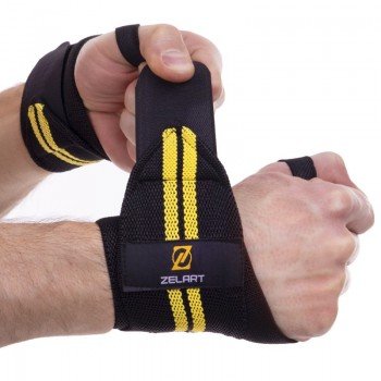 Бинты кистевые для жима STRENGTH WRIST WRAPS 2штуки Zelart TA-2645 (MD1831) (полиэстер, р-р 48х8см, черный-желтый)