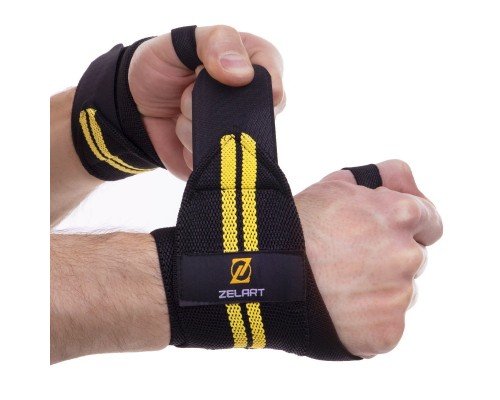 Бинты кистевые для жима STRENGTH WRIST WRAPS 2штуки Zelart TA-2645 (MD1831) (полиэстер, р-р 48х8см, черный-желтый)