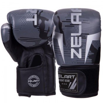 Перчатки боксерские на липучке PU Zelart BO-2532 (размер 6-14oz, черный-серый)