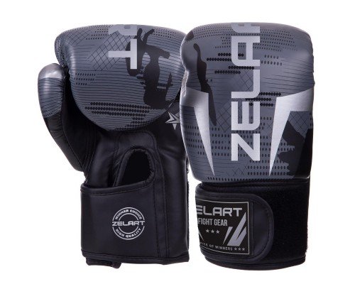 Перчатки боксерские на липучке PU Zelart BO-2532 (размер 6-14oz, черный-серый)