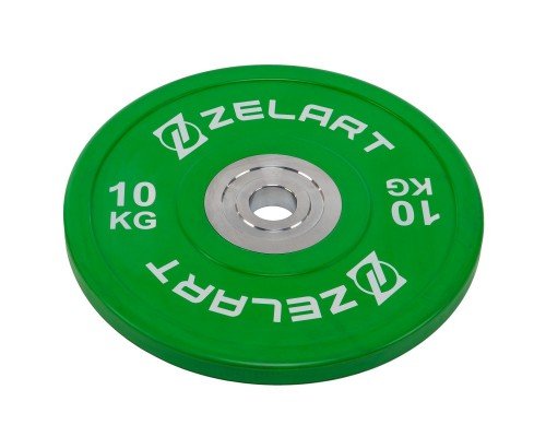 Бамперные диски резиновые Bumper Plates внутренний ø50.6±0.2мм Zelart TA-7798-10 10кг (сталь, резина, внешний ø-45см, зеленый)